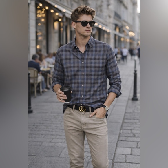 Sz M Untuck it Men's Blue & Gray Button up Plaid Shirt NWOT $115 MSRP